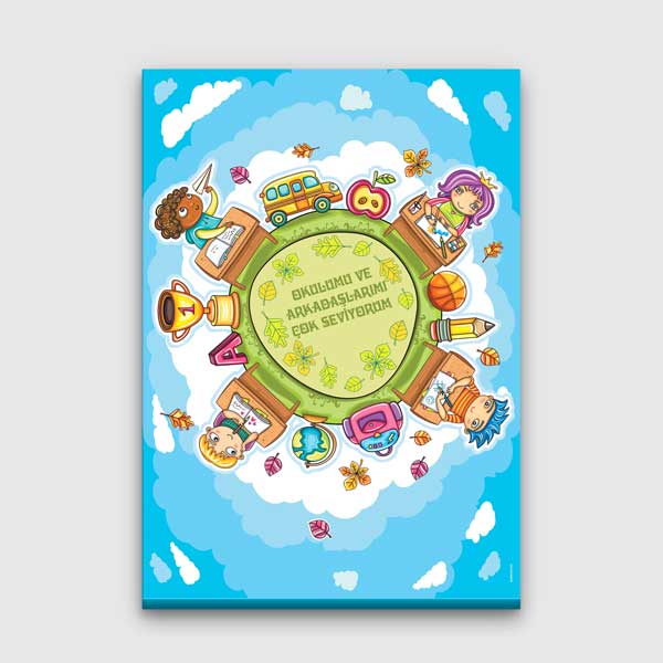 okul-duvar-tablolari-b-957-00 "Okulumu ve Arkadaşlarımı Seviyorum" Çocuk Sınıf Posteri – B-957