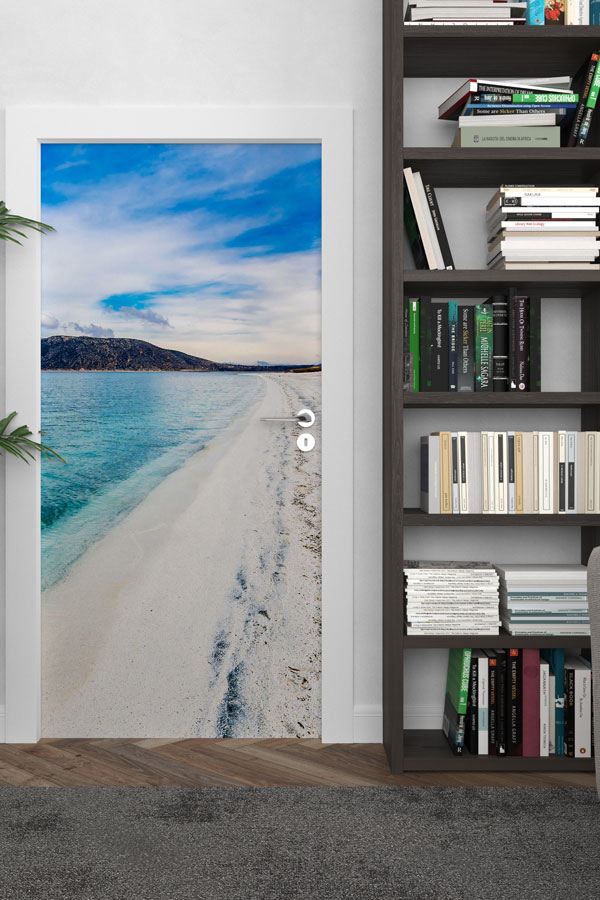 Beyaz Kumlu Sahil Manzaralı Kapı Giydirme 9728