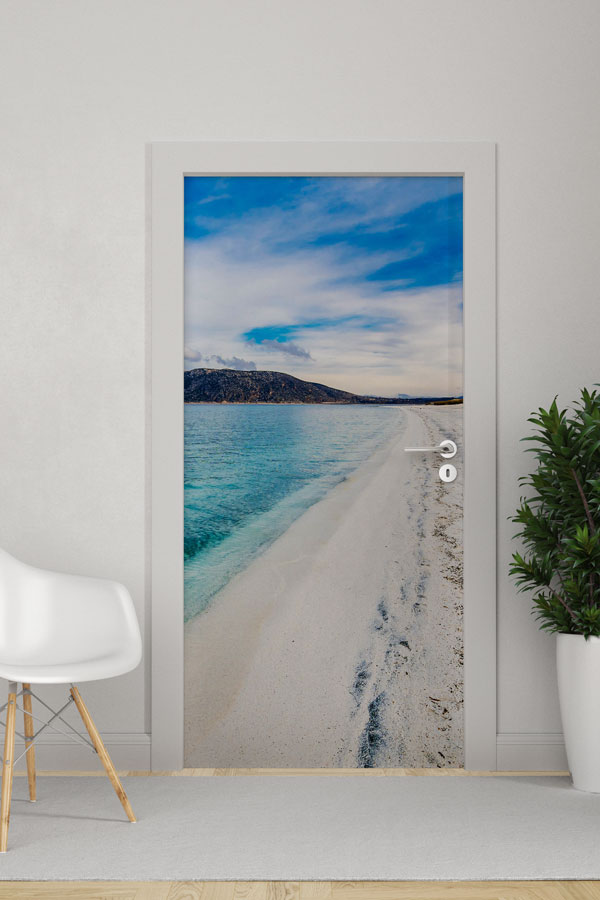 Beyaz Kumlu Sahil Manzaralı Kapı Giydirme 9728