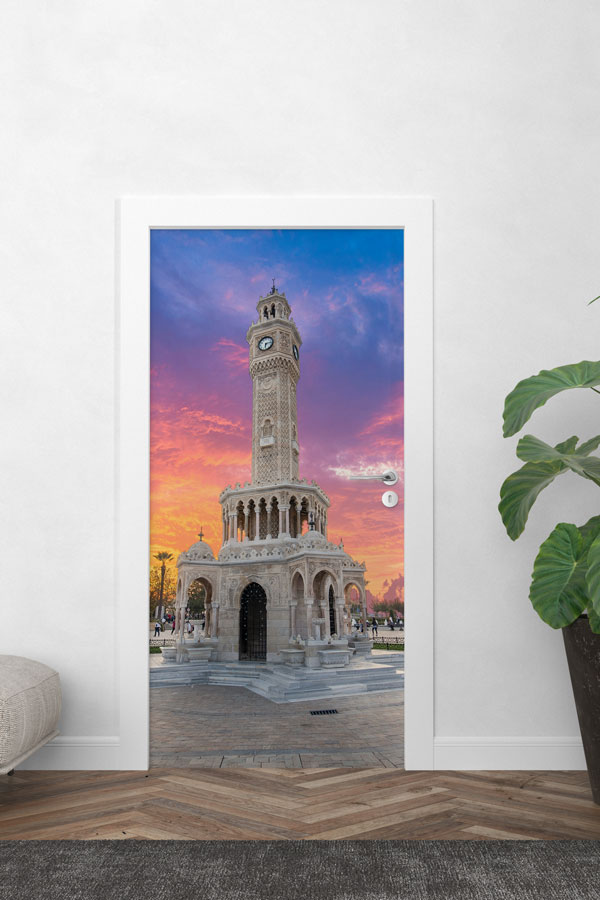 İzmir Saat Kulesi Gün Batımı Şehir Manzaralı Kapı Giydirme 9735