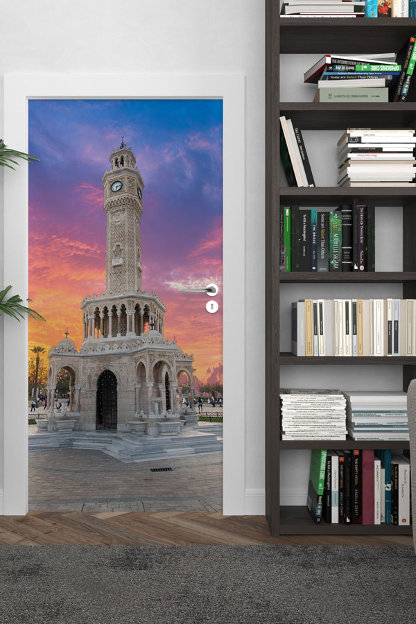 İzmir Saat Kulesi Gün Batımı Şehir Manzaralı Kapı Giydirme 9735
