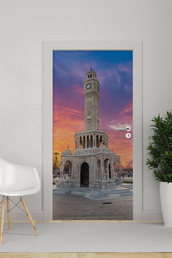 İzmir Saat Kulesi Gün Batımı Şehir Manzaralı Kapı Giydirme 9735