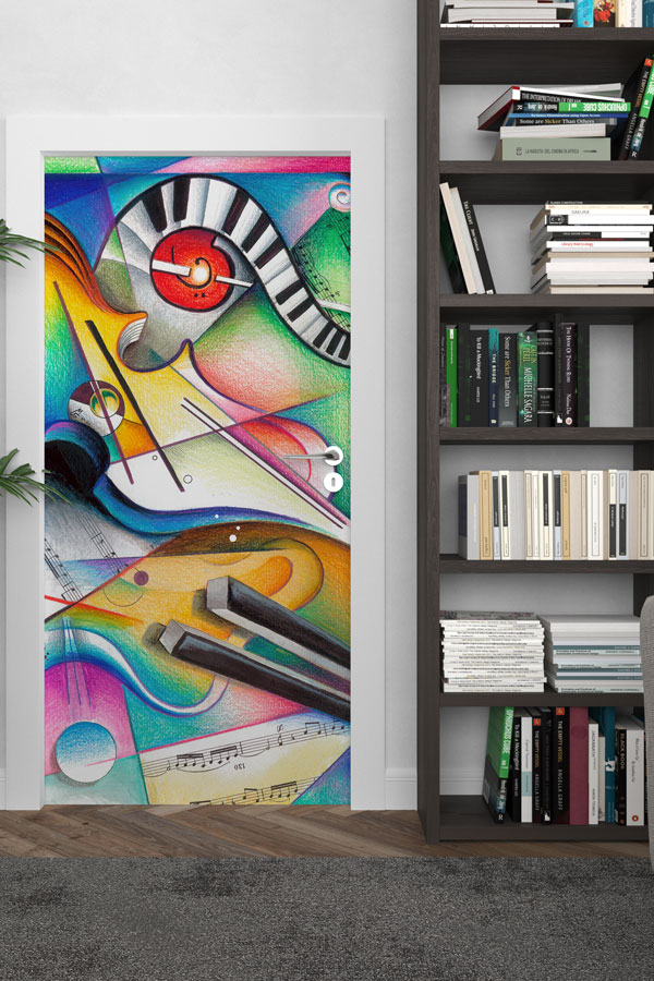 okul-muzik-sinifi-kapi-giydirme-8872-02 Kübist Müzik Enstrümanları ve Notalar Kapı Giydirme 8872