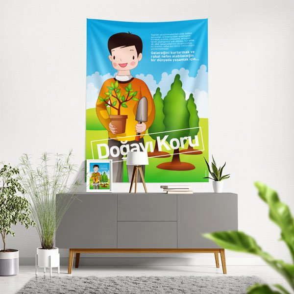"Doğayı Koru" Temalı Doğa Dostu Çocuk Figürlü Duvar Örtüsü 8474