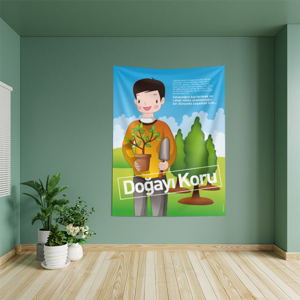 "Doğayı Koru" Temalı Doğa Dostu Çocuk Figürlü Duvar Örtüsü 8474