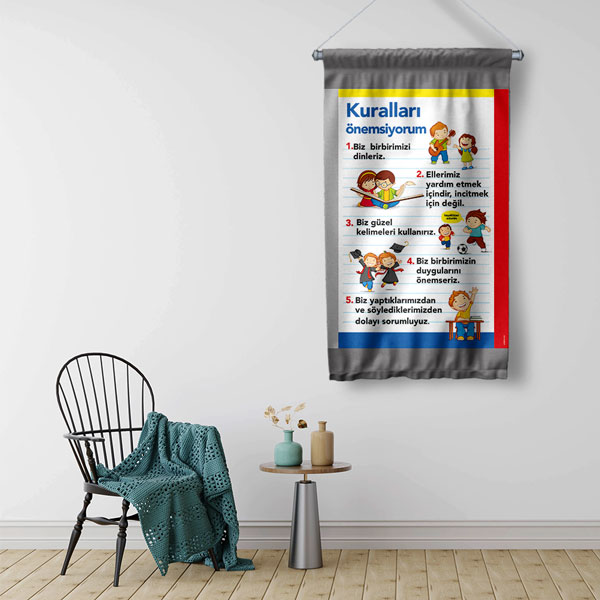 okul-sinif-duvar-dekoru-8065-01 Okul ve Sınıf Kuralları Duvar Flaması - Çocuklar İçin Eğitim Afişi 8065
