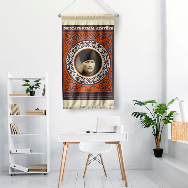 Atatürk Portreli Kırmızı Desenli Duvar Flaması Kumaş Baskı 8085