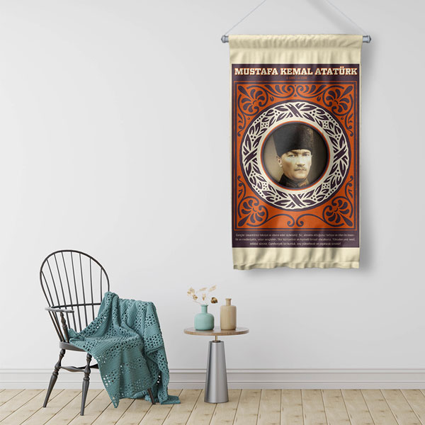 Atatürk Portreli Kırmızı Desenli Duvar Flaması Kumaş Baskı 8085