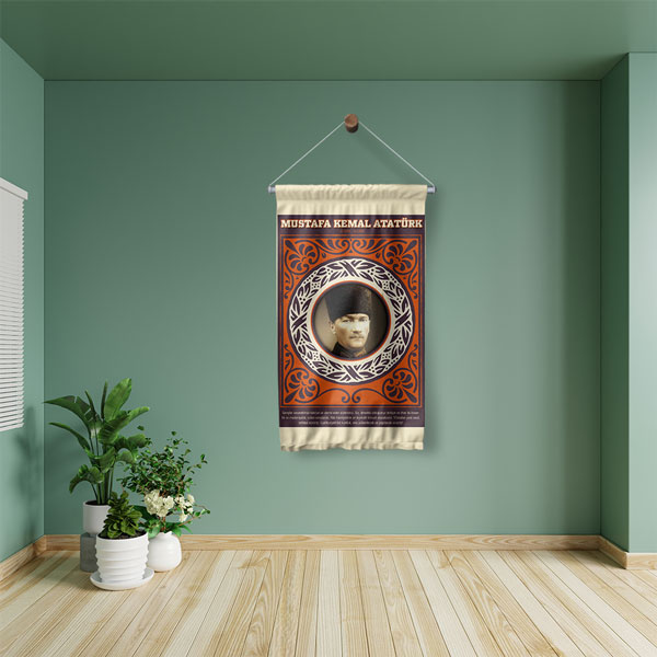 Atatürk Portreli Kırmızı Desenli Duvar Flaması Kumaş Baskı 8085