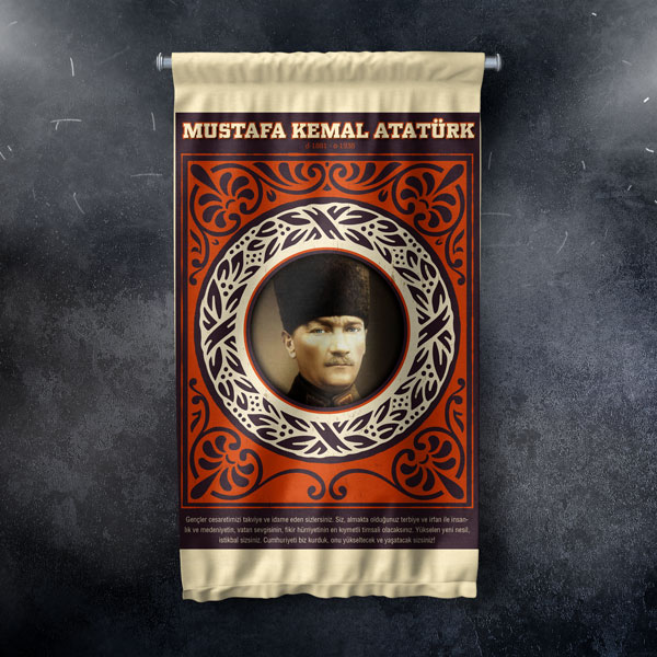 Atatürk Portreli Kırmızı Desenli Duvar Flaması Kumaş Baskı 8085