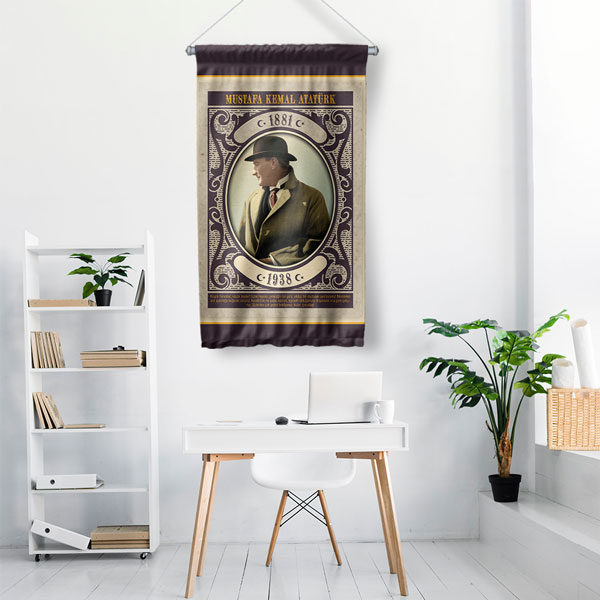 Atatürk Şapkalı Klasik Çerçeveli Duvar Flaması Kumaş Baskı 8086