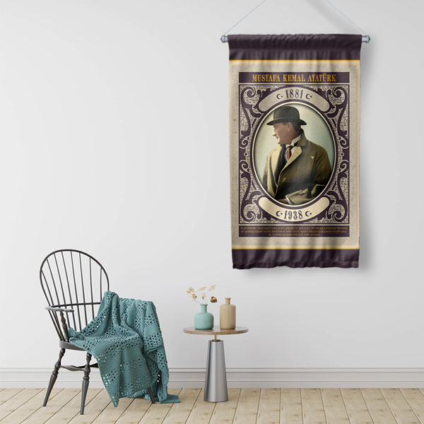 Atatürk Şapkalı Klasik Çerçeveli Duvar Flaması Kumaş Baskı 8086