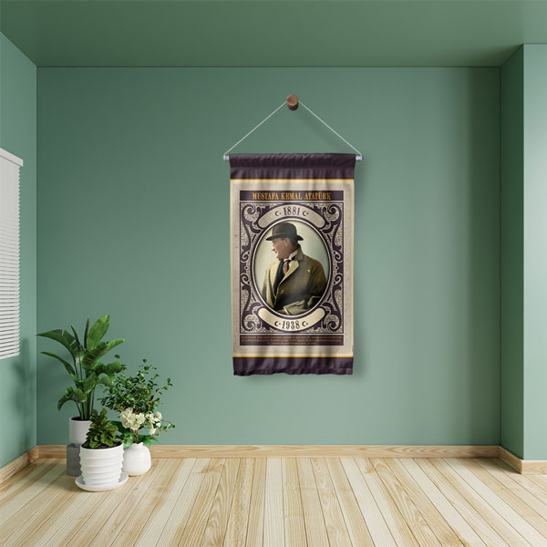 Atatürk Şapkalı Klasik Çerçeveli Duvar Flaması Kumaş Baskı 8086
