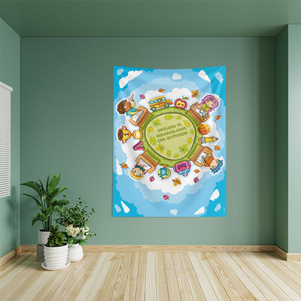 Okulumu ve Arkadaşlarımı Çok Seviyorum Duvar Örtüsü - Çocuk Motivasyon Panosu 8461