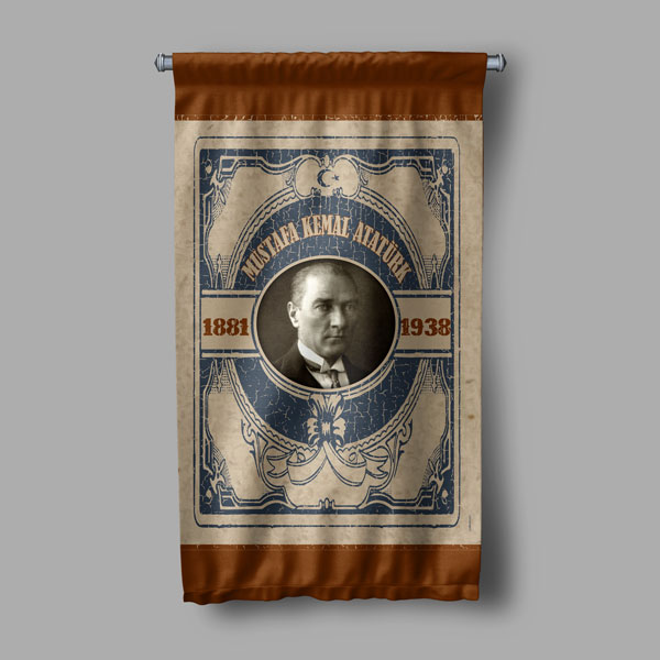 Atatürk Portreli Kahverengi Klasik Desenli Duvar Flaması Kumaş Baskı 8082