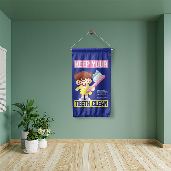 İngilizce Kız Çocuklu Diş Fırçalama Eğitimi Duvar Flaması "Keep Your Teeth Clean" 8128