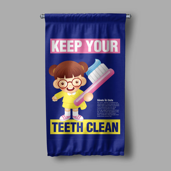 İngilizce Kız Çocuklu Diş Fırçalama Eğitimi Duvar Flaması "Keep Your Teeth Clean" 8128