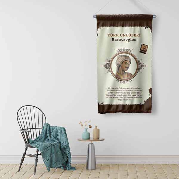 Karacaoğlan Temalı Türk Büyükleri Flaması 8154