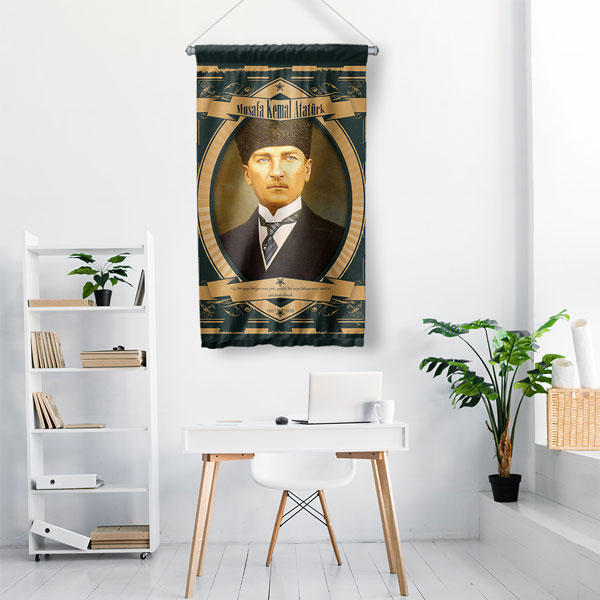 okul-sinif-duvar-flamasi-8079-01 Atatürk Portreli Siyah Altın Çerçeveli Duvar Flaması Kumaş Baskı 8079