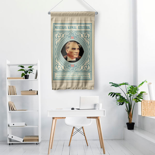 Atatürk Portreli Desenli Duvar Flaması Kumaş Baskı 8080