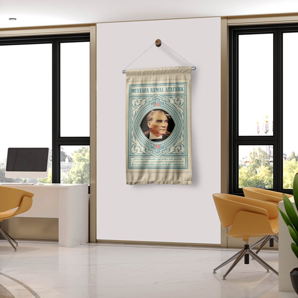 Atatürk Portreli Desenli Duvar Flaması Kumaş Baskı 8080