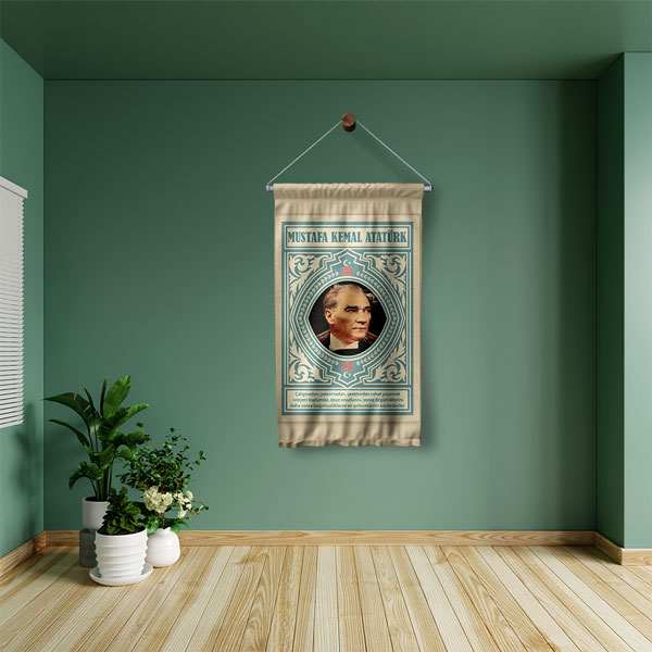 Atatürk Portreli Desenli Duvar Flaması Kumaş Baskı 8080