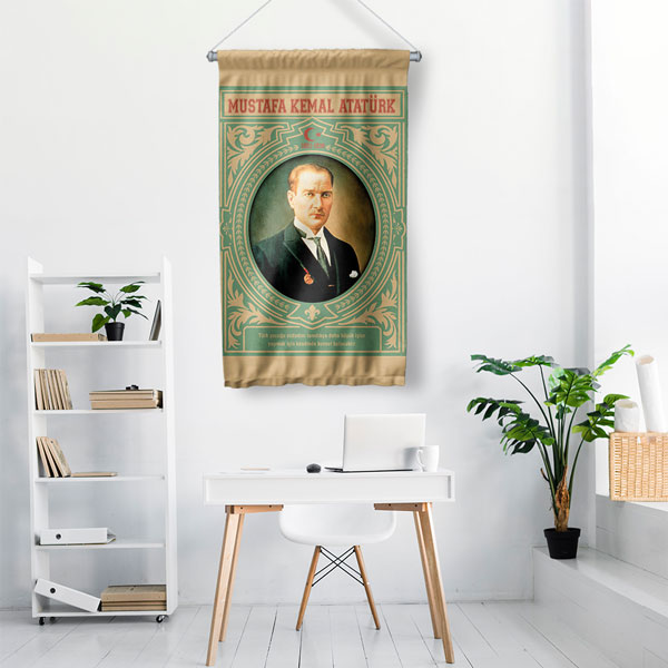 Atatürk Portreli Yeşil Desenli Duvar Flaması Kumaş Baskı 8081