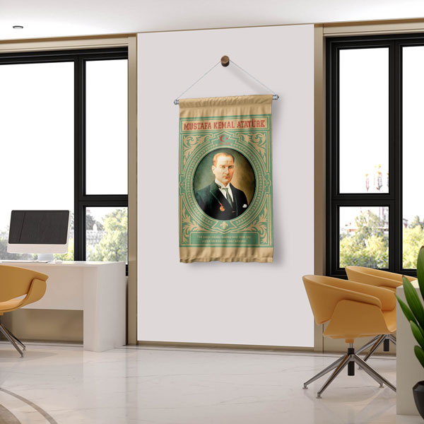 Atatürk Portreli Yeşil Desenli Duvar Flaması Kumaş Baskı 8081
