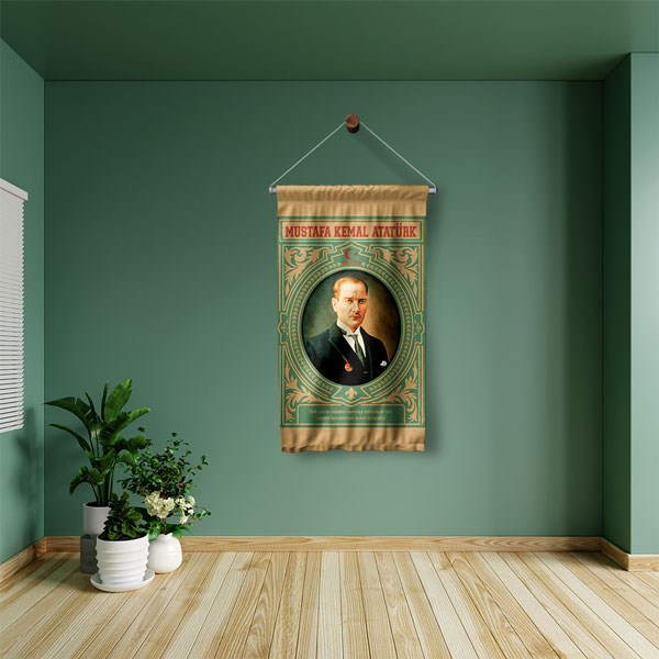 Atatürk Portreli Yeşil Desenli Duvar Flaması Kumaş Baskı 8081