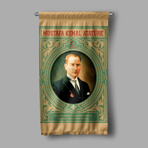 Atatürk Portreli Yeşil Desenli Duvar Flaması Kumaş Baskı 8081