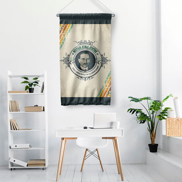 Atatürk Portreli Modern Desenli Duvar Flaması Kumaş Baskı 8083