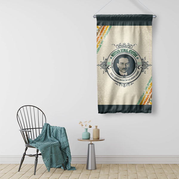 Atatürk Portreli Modern Desenli Duvar Flaması Kumaş Baskı 8083