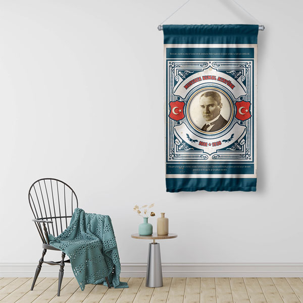 okul-sinif-duvar-flamasi-8087-02 Atatürk Çift Bayraklı Klasik Desenli Duvar Flaması Kumaş Baskı 8087