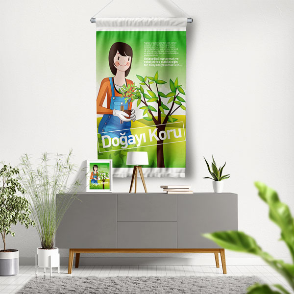 "Doğayı Koru" Temalı Fidan Diken Kadın Figürlü Duvar Flaması 8102