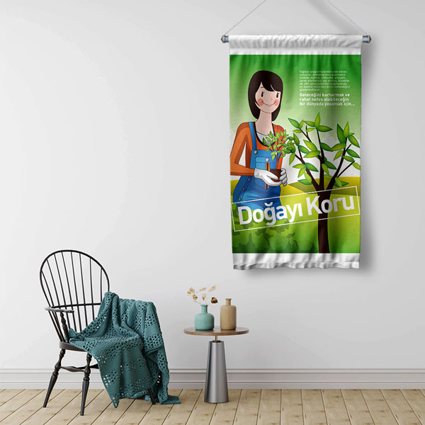 "Doğayı Koru" Temalı Fidan Diken Kadın Figürlü Duvar Flaması 8102