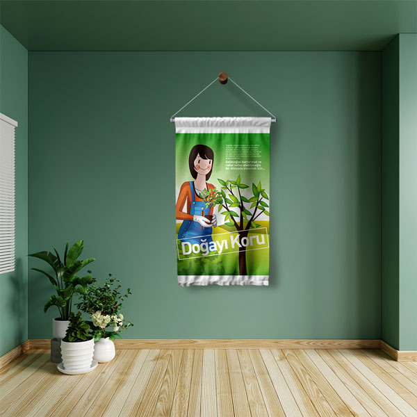 "Doğayı Koru" Temalı Fidan Diken Kadın Figürlü Duvar Flaması 8102