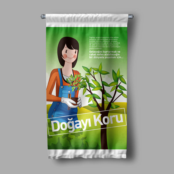 "Doğayı Koru" Temalı Fidan Diken Kadın Figürlü Duvar Flaması 8102