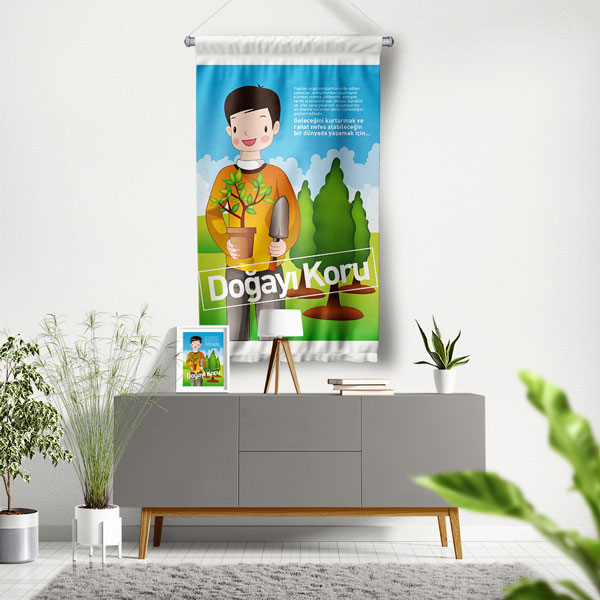 "Doğayı Koru" Temalı Fidan Diken Çocuk Figürlü Duvar Flaması 8103