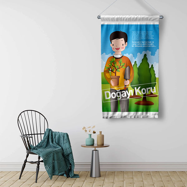 "Doğayı Koru" Temalı Fidan Diken Çocuk Figürlü Duvar Flaması 8103