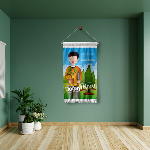 "Doğayı Koru" Temalı Fidan Diken Çocuk Figürlü Duvar Flaması 8103
