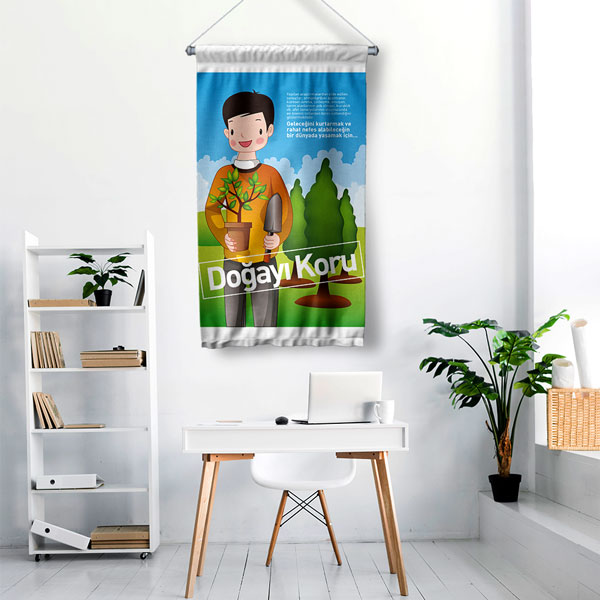 "Doğayı Koru" Temalı Fidan Diken Çocuk Figürlü Duvar Flaması 8103