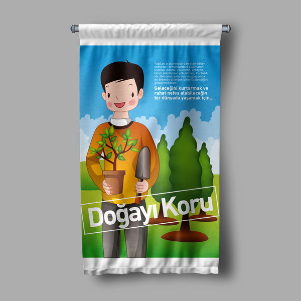 "Doğayı Koru" Temalı Fidan Diken Çocuk Figürlü Duvar Flaması 8103