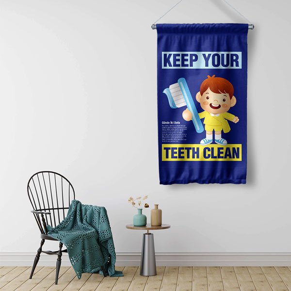 İngilizce Diş Fırçalama Eğitimi Duvar Flaması "Keep Your Teeth Clean" 8127