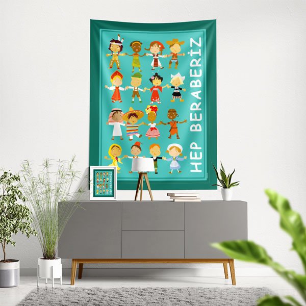 "Hep Beraberiz" Dünya Çocukları Temalı Duvar Örtüsü - Okul ve Sınıf Dekoru 8450