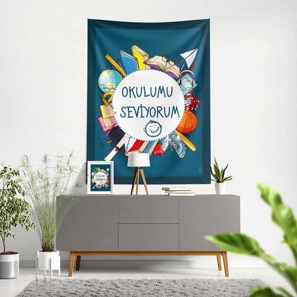 Okulumu Seviyorum Duvar Örtüsü - Eğitici Okul Temalı Kumaş Baskı 8460