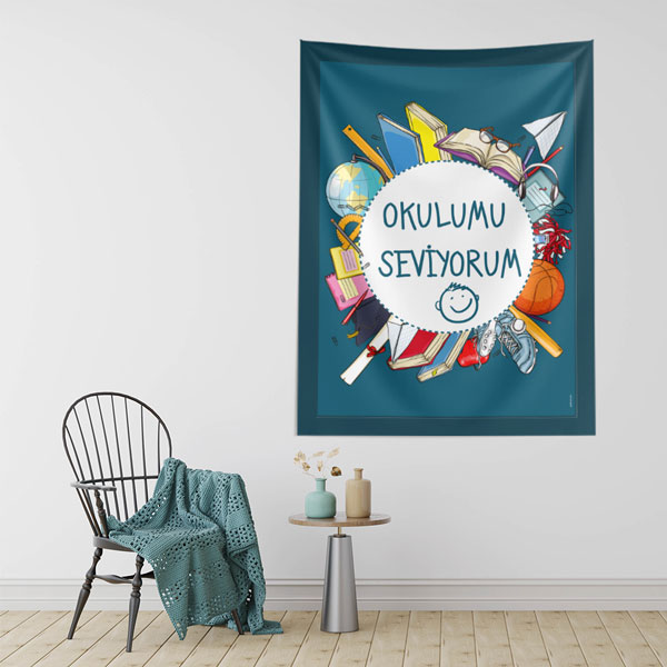 Okulumu Seviyorum Duvar Örtüsü - Eğitici Okul Temalı Kumaş Baskı 8460