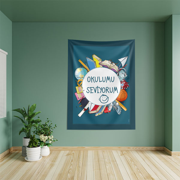 Okulumu Seviyorum Duvar Örtüsü - Eğitici Okul Temalı Kumaş Baskı 8460