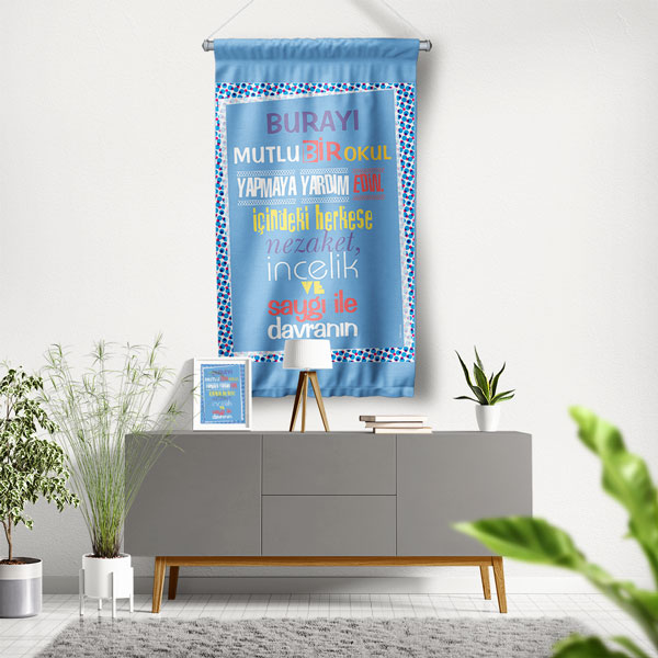 Mutlu Bir Okul Yapmaya Yardım Edin Duvar Flaması - Nezaket ve Saygı Temalı (Mavi Tonlar) 8067