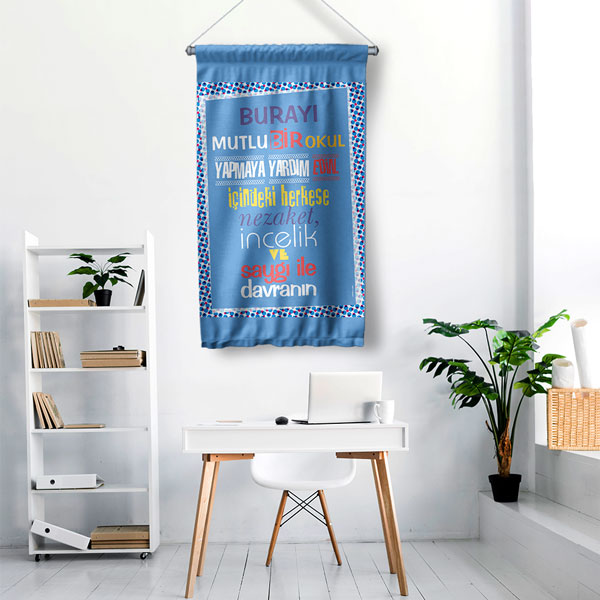 Mutlu Bir Okul Yapmaya Yardım Edin Duvar Flaması - Nezaket ve Saygı Temalı (Mavi Tonlar) 8067