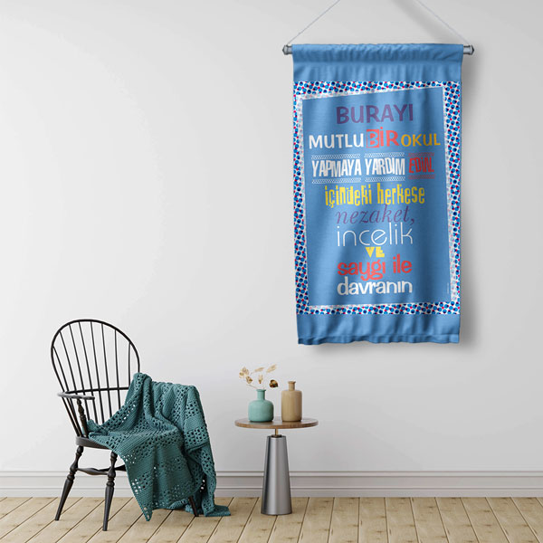 Mutlu Bir Okul Yapmaya Yardım Edin Duvar Flaması - Nezaket ve Saygı Temalı (Mavi Tonlar) 8067